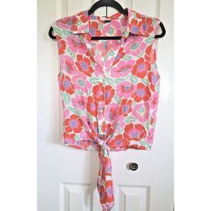 Theory Sz Petite-Small Tie Front Sleeveless Button-Up Blouse Hibiscus Floral Top